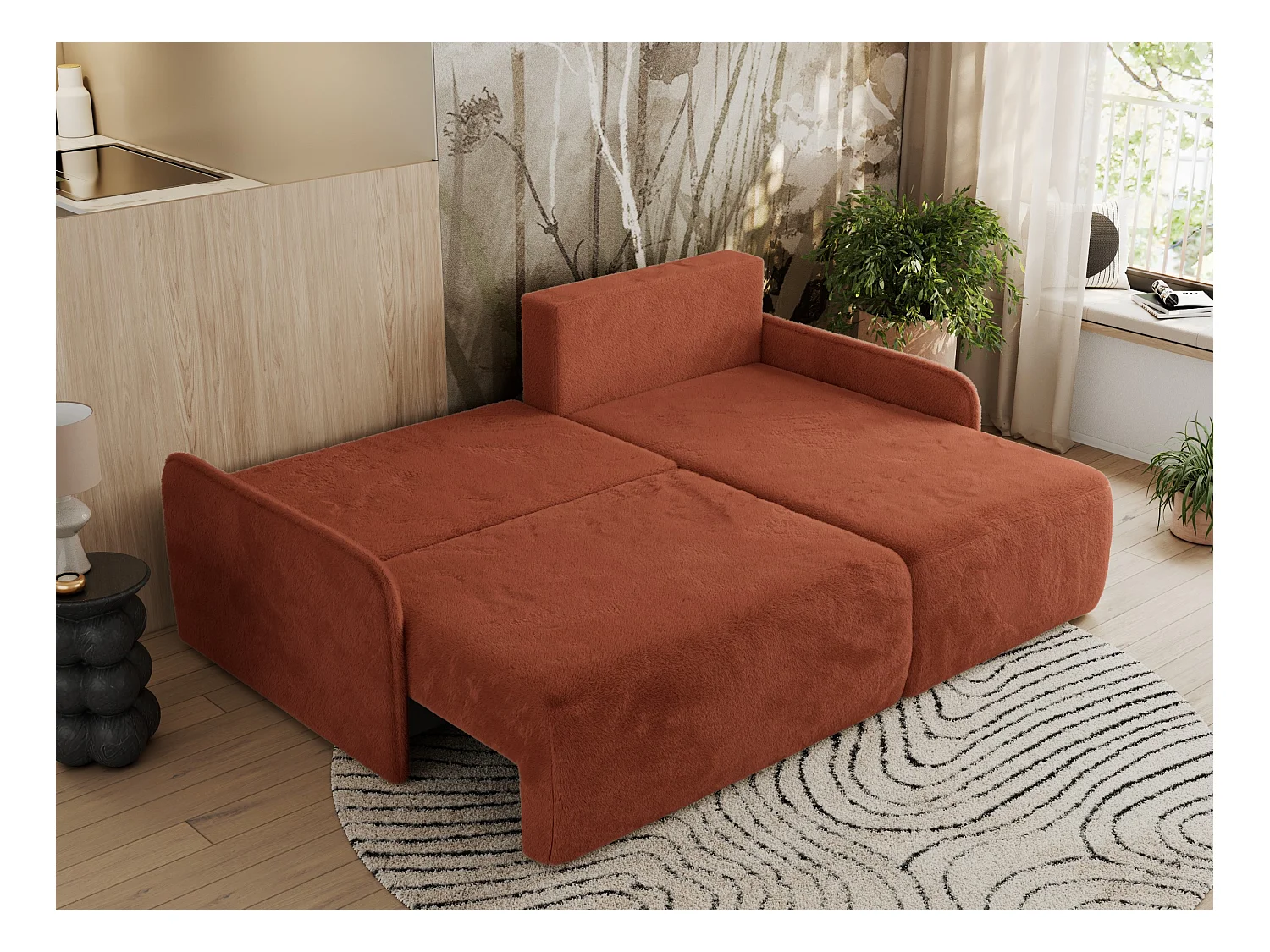 Ecksofa ARPA - L-form Schlaffsofa, Bettkasten und lose Kissen, Armlehnen - Orange Plüsch - Ecke Rechts