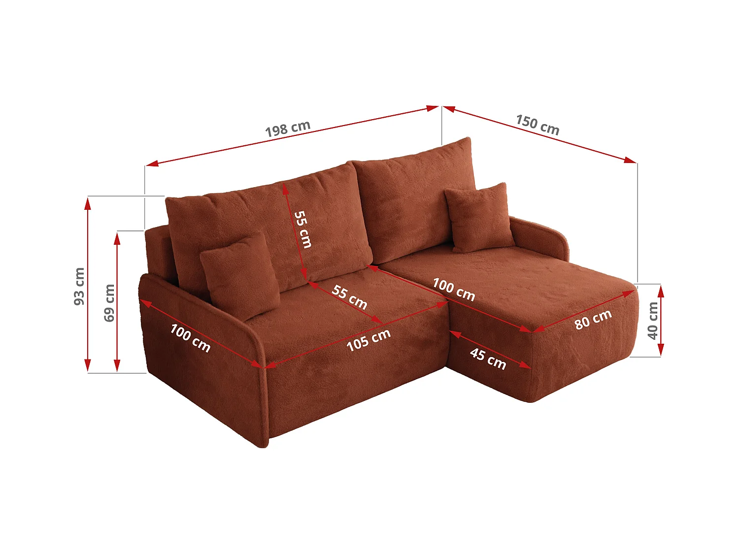 Ecksofa ARPA - L-form Schlaffsofa, Bettkasten und lose Kissen, Armlehnen - Orange Plüsch - Ecke Rechts