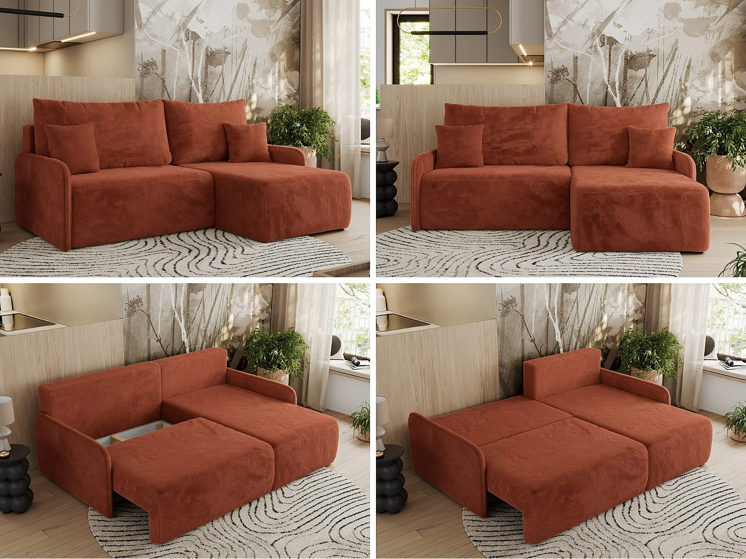 Ecksofa ARPA - L-form Schlaffsofa, Bettkasten und lose Kissen, Armlehnen - Orange Plüsch - Ecke Rechts