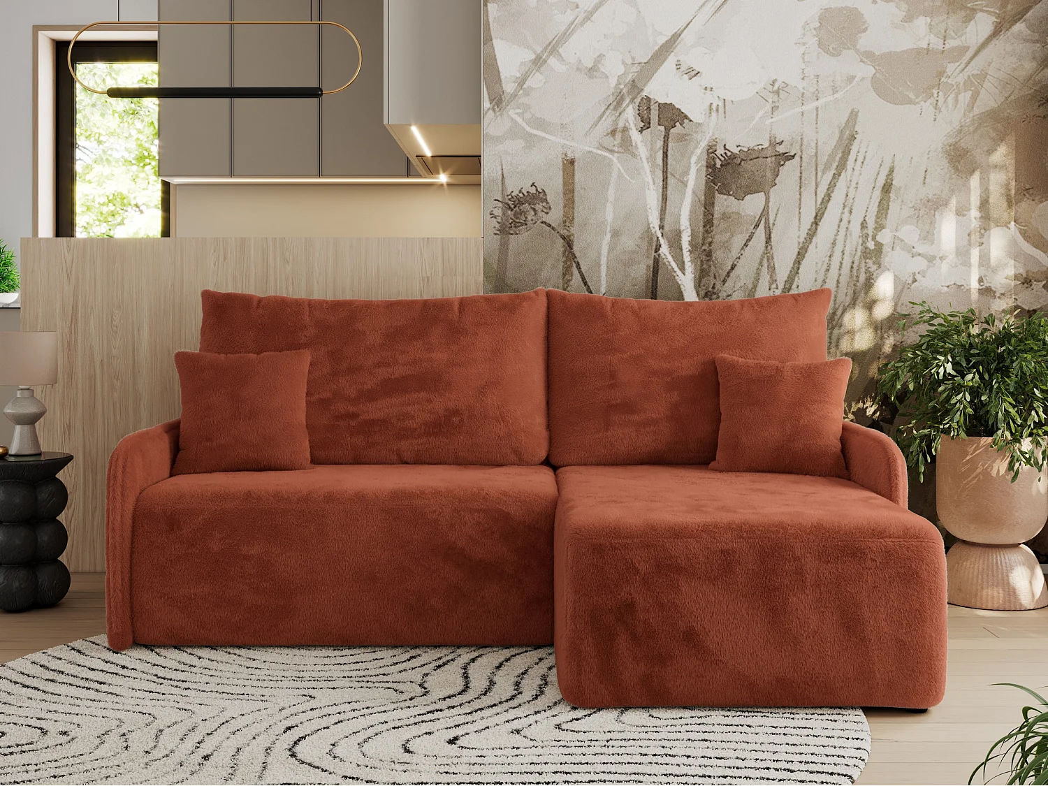 Ecksofa ARPA - L-form Schlaffsofa, Bettkasten und lose Kissen, Armlehnen - Orange Plüsch - Ecke Rechts