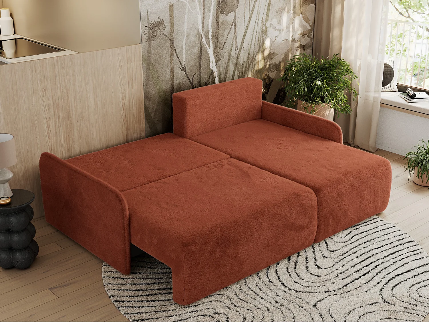 Ecksofa ARPA - L-form Schlaffsofa, Bettkasten und lose Kissen, Armlehnen - Orange Plüsch - Ecke Rechts