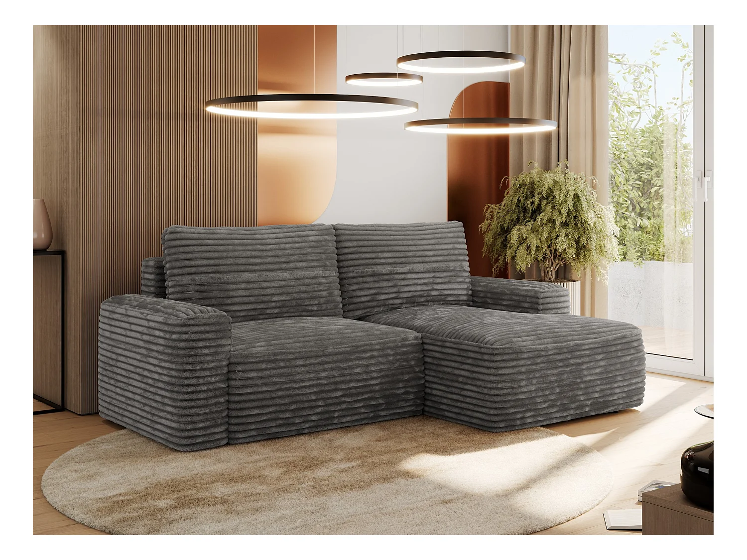 Ecksofa BELLUNO - Schlafsofa mit Bettkasten, Armlehnen, Couch L-form mit Schlaffunktion - Dunkelgrau Cord - Ecke Rechts
