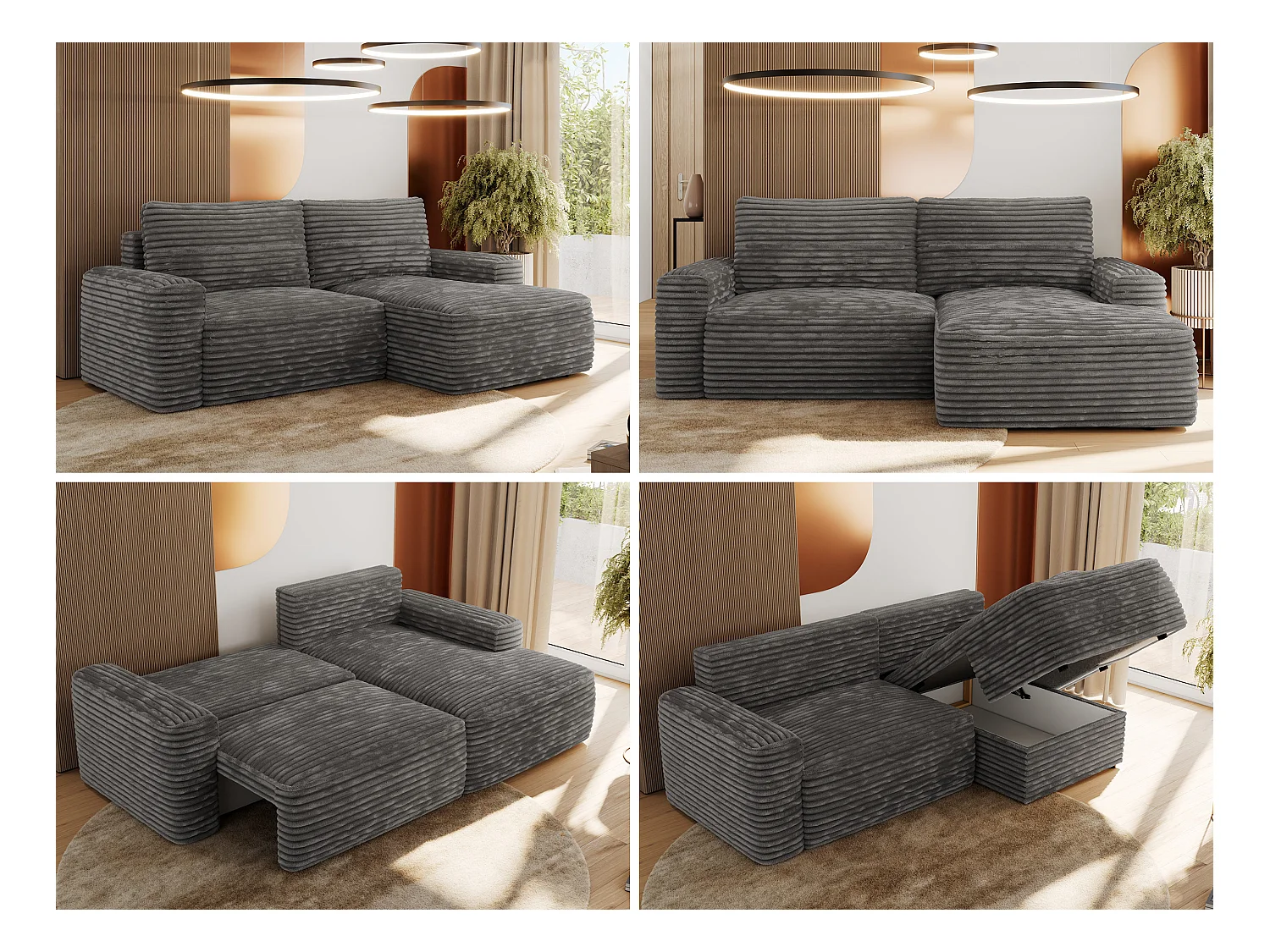 Ecksofa BELLUNO - Schlafsofa mit Bettkasten, Armlehnen, Couch L-form mit Schlaffunktion - Dunkelgrau Cord - Ecke Rechts