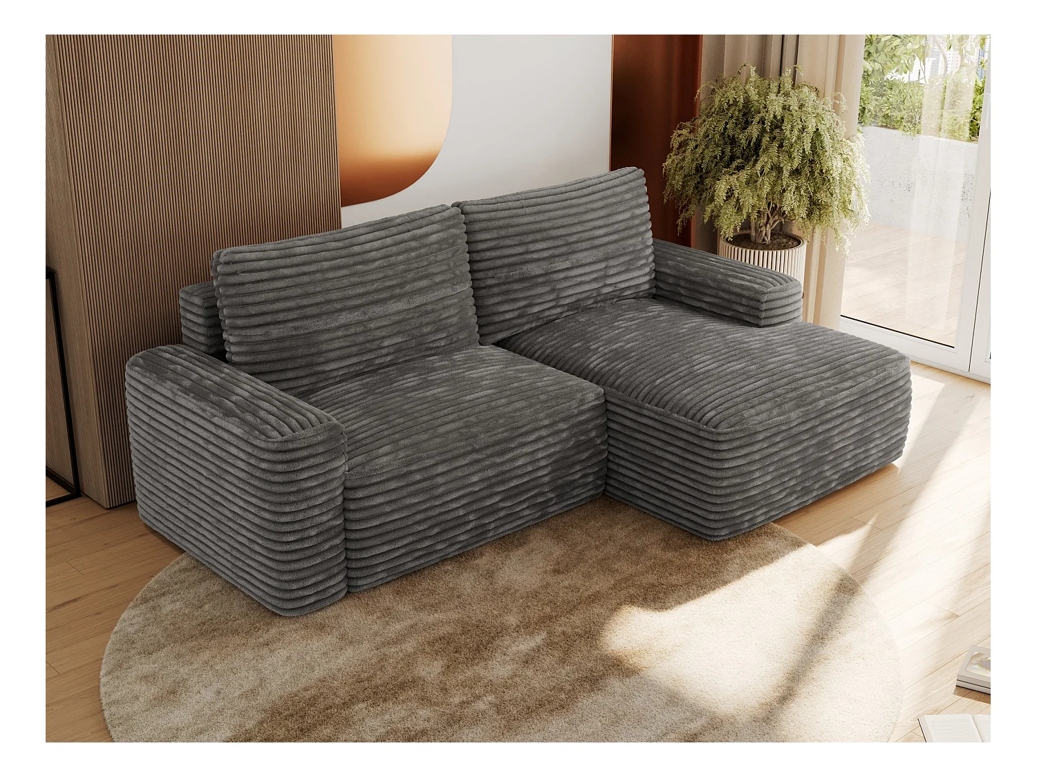 Ecksofa BELLUNO - Schlafsofa mit Bettkasten, Armlehnen, Couch L-form mit Schlaffunktion - Dunkelgrau Cord - Ecke Rechts