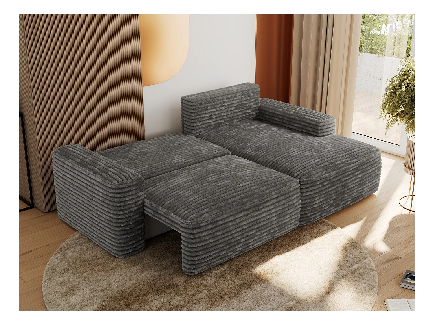 Ecksofa BELLUNO - Schlafsofa mit Bettkasten, Armlehnen, Couch L-form mit Schlaffunktion - Dunkelgrau Cord - Ecke Rechts