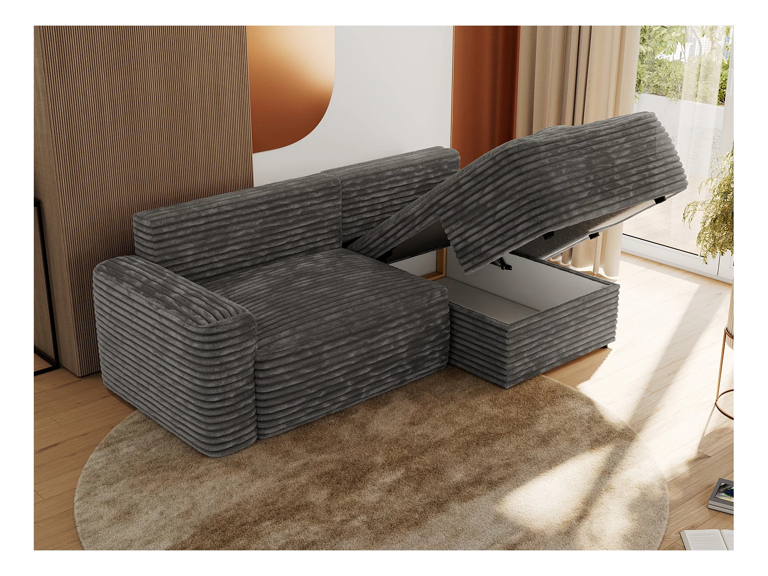 Ecksofa BELLUNO - Schlafsofa mit Bettkasten, Armlehnen, Couch L-form mit Schlaffunktion - Dunkelgrau Cord - Ecke Rechts