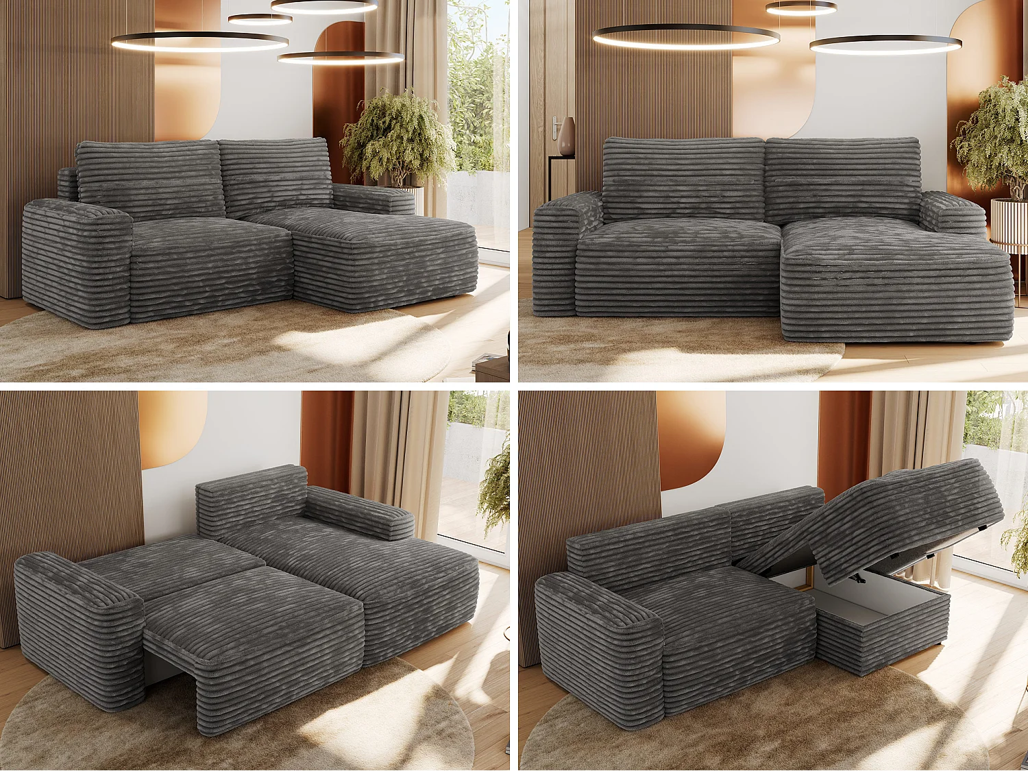 Ecksofa BELLUNO - Schlafsofa mit Bettkasten, Armlehnen, Couch L-form mit Schlaffunktion - Dunkelgrau Cord - Ecke Rechts