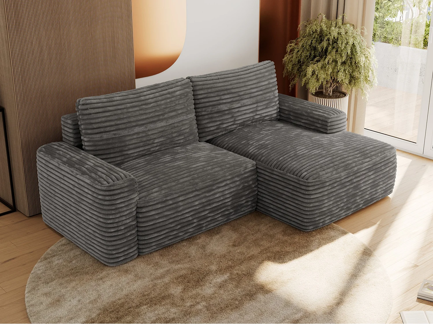 Ecksofa BELLUNO - Schlafsofa mit Bettkasten, Armlehnen, Couch L-form mit Schlaffunktion - Dunkelgrau Cord - Ecke Rechts