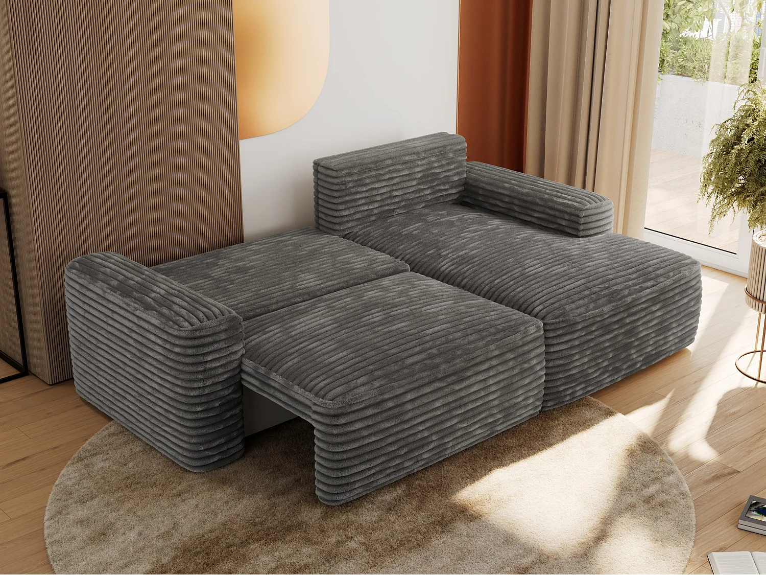 Ecksofa BELLUNO - Schlafsofa mit Bettkasten, Armlehnen, Couch L-form mit Schlaffunktion - Dunkelgrau Cord - Ecke Rechts