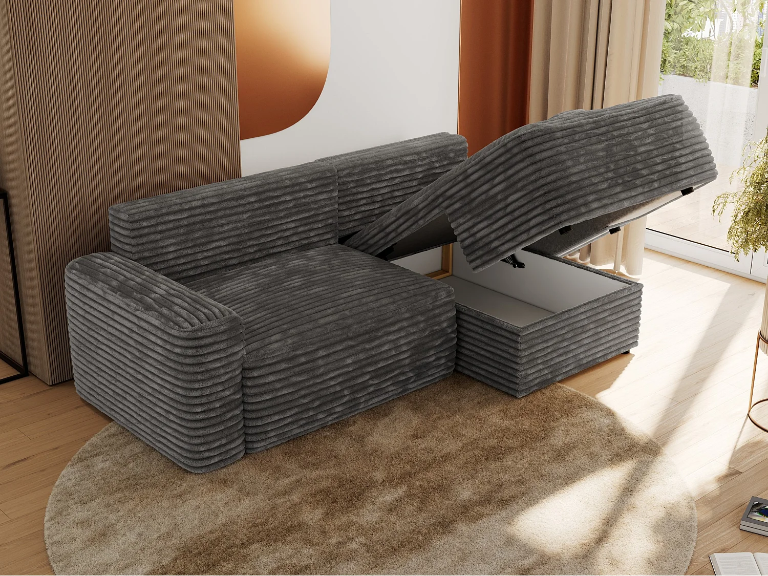 Ecksofa BELLUNO - Schlafsofa mit Bettkasten, Armlehnen, Couch L-form mit Schlaffunktion - Dunkelgrau Cord - Ecke Rechts