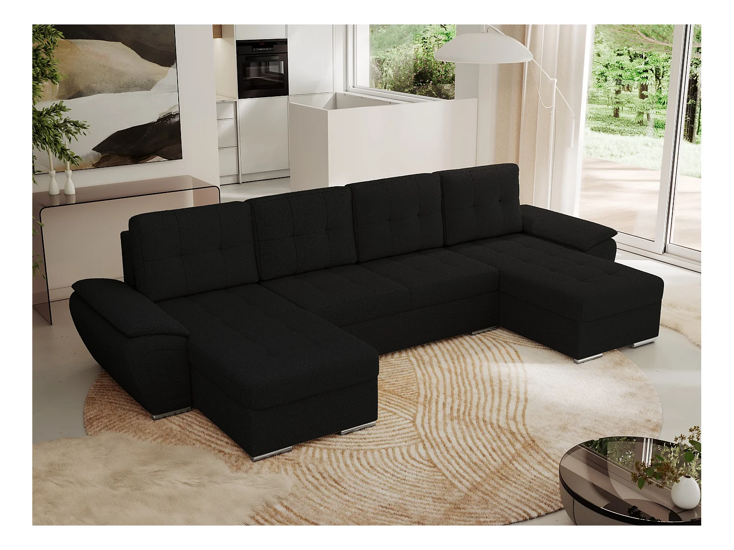 Ecksofa UMBRIA U - XXL Wohnlandschaft, mit Schlaffunktion und Bettkasten, genähte Ecke - Schwarz Boucle