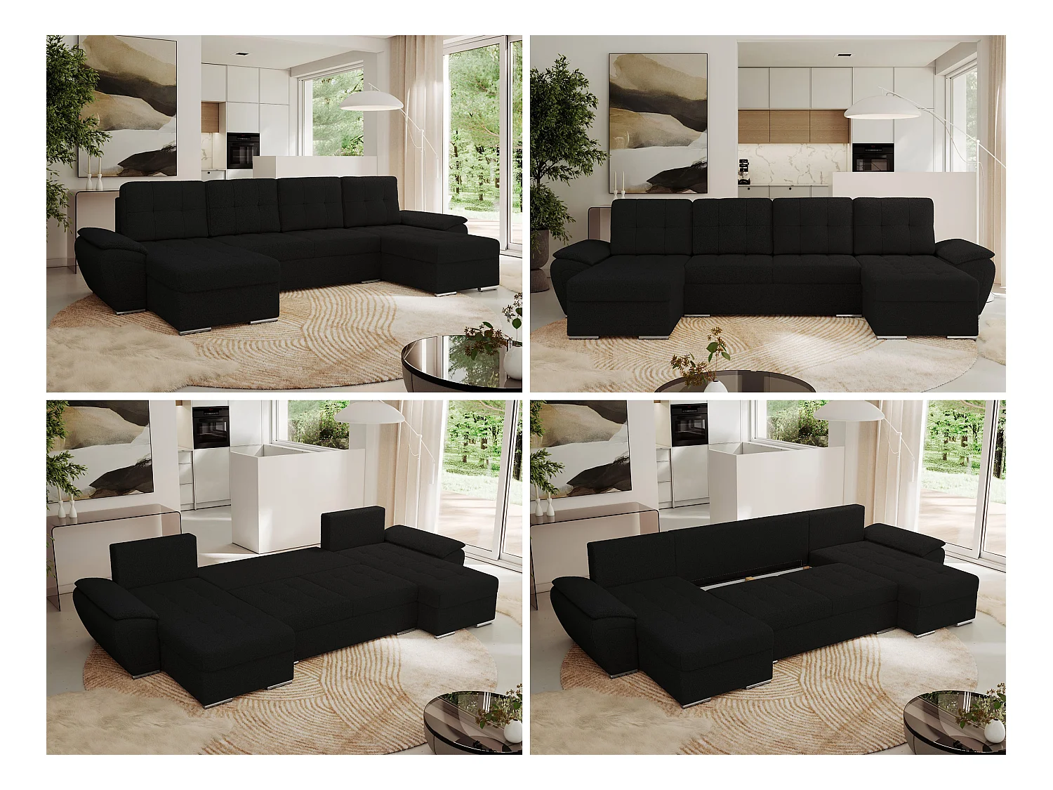 Ecksofa UMBRIA U - XXL Wohnlandschaft, mit Schlaffunktion und Bettkasten, genähte Ecke - Schwarz Boucle