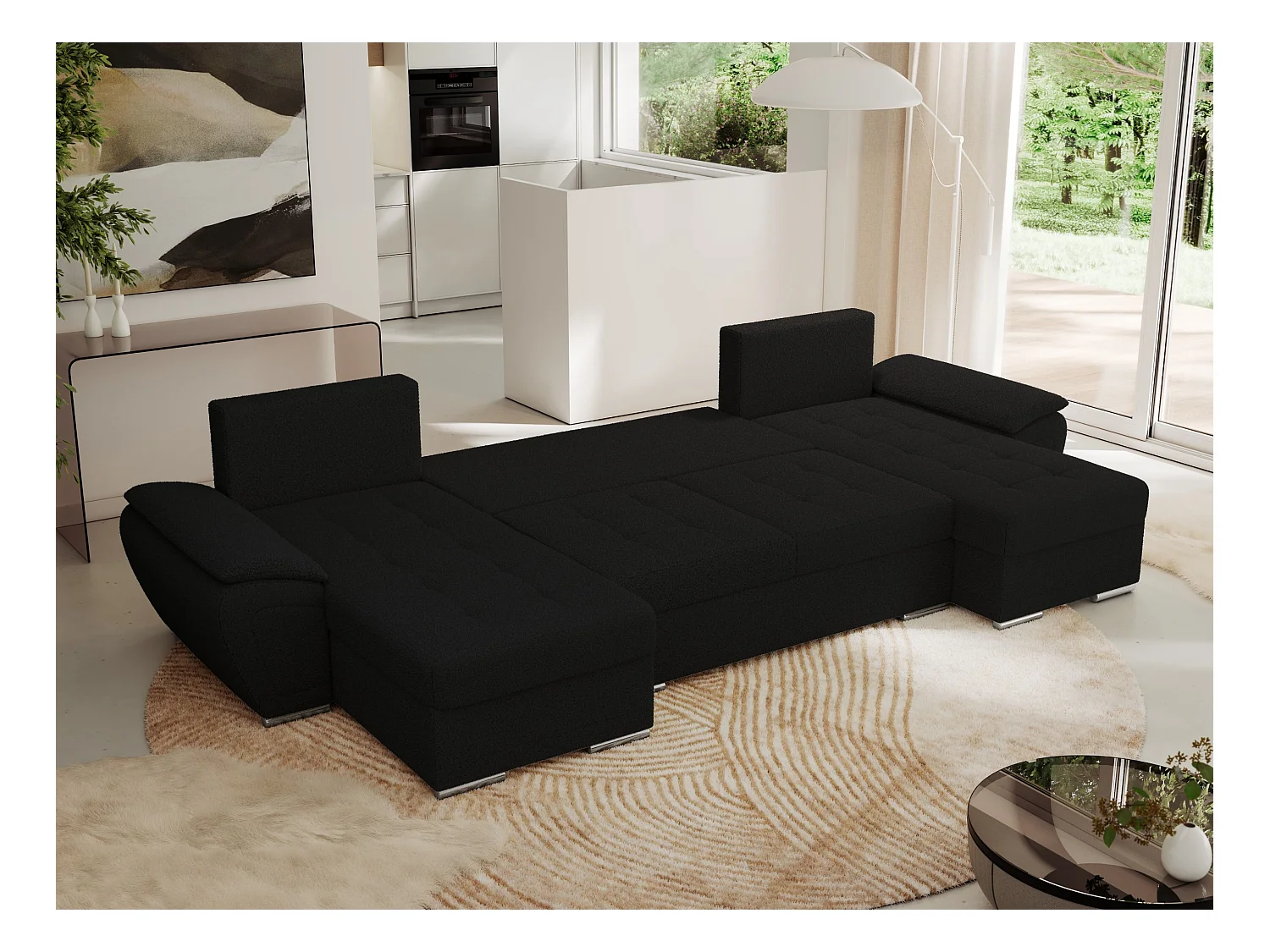 Ecksofa UMBRIA U - XXL Wohnlandschaft, mit Schlaffunktion und Bettkasten, genähte Ecke - Schwarz Boucle