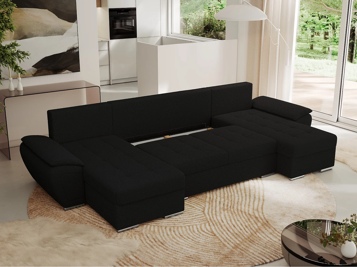 Ecksofa UMBRIA U - XXL Wohnlandschaft, mit Schlaffunktion und Bettkasten, genähte Ecke - Schwarz Boucle