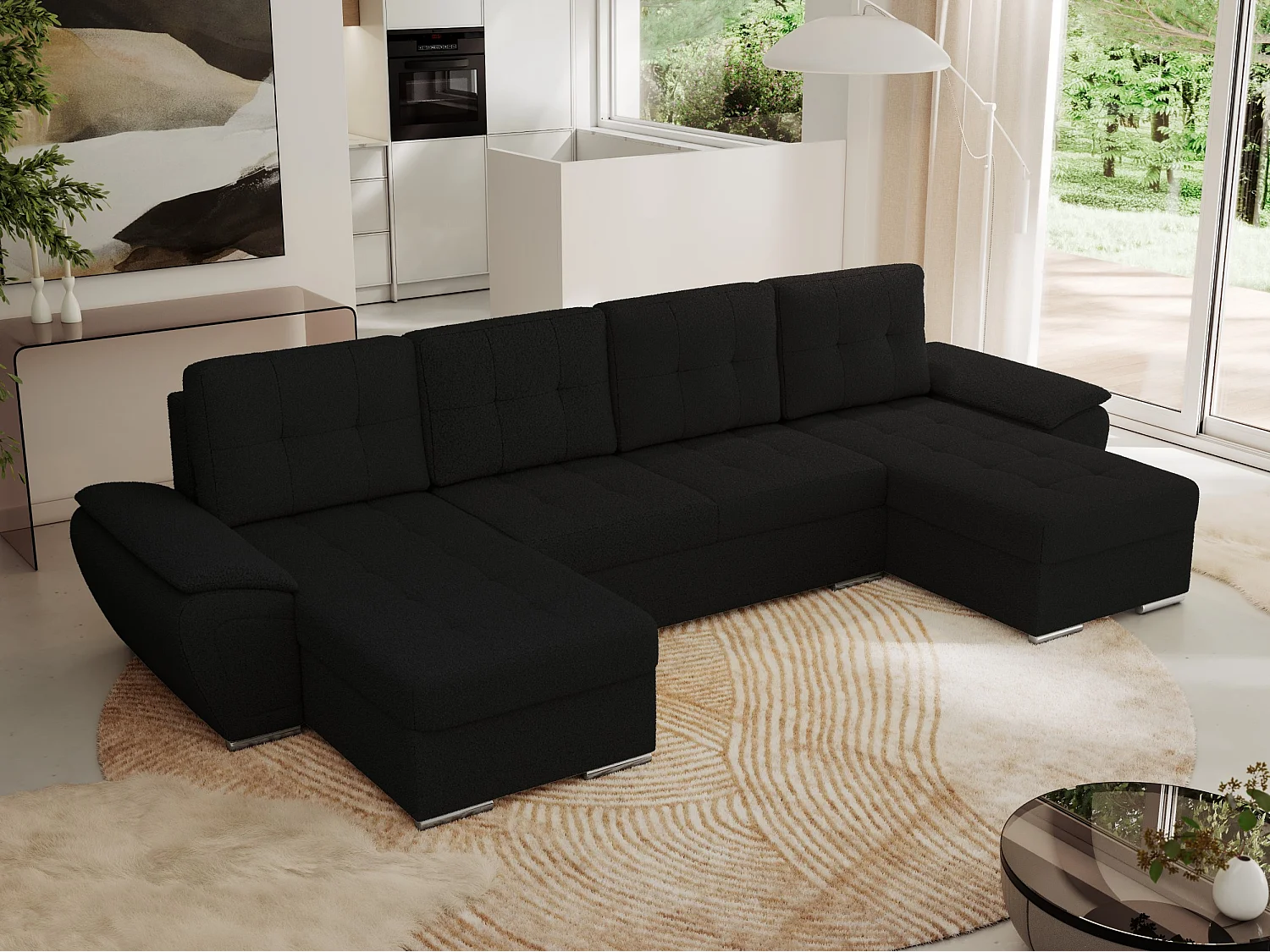 Ecksofa UMBRIA U - XXL Wohnlandschaft, mit Schlaffunktion und Bettkasten, genähte Ecke - Schwarz Boucle