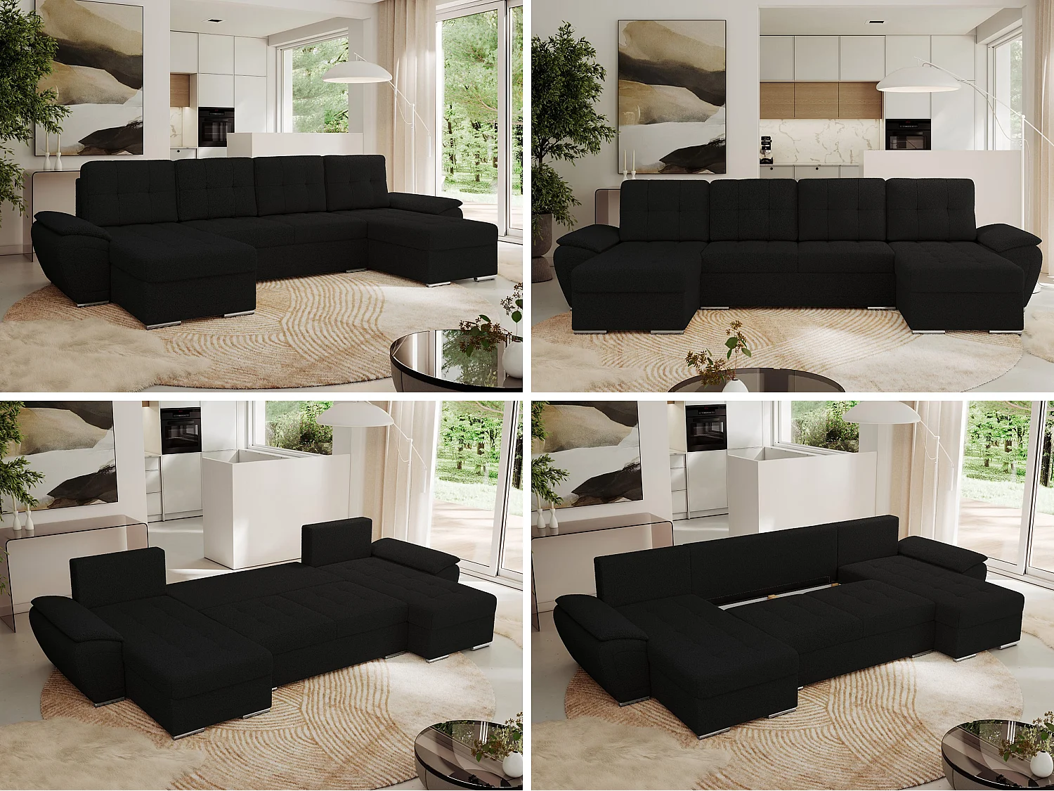 Ecksofa UMBRIA U - XXL Wohnlandschaft, mit Schlaffunktion und Bettkasten, genähte Ecke - Schwarz Boucle