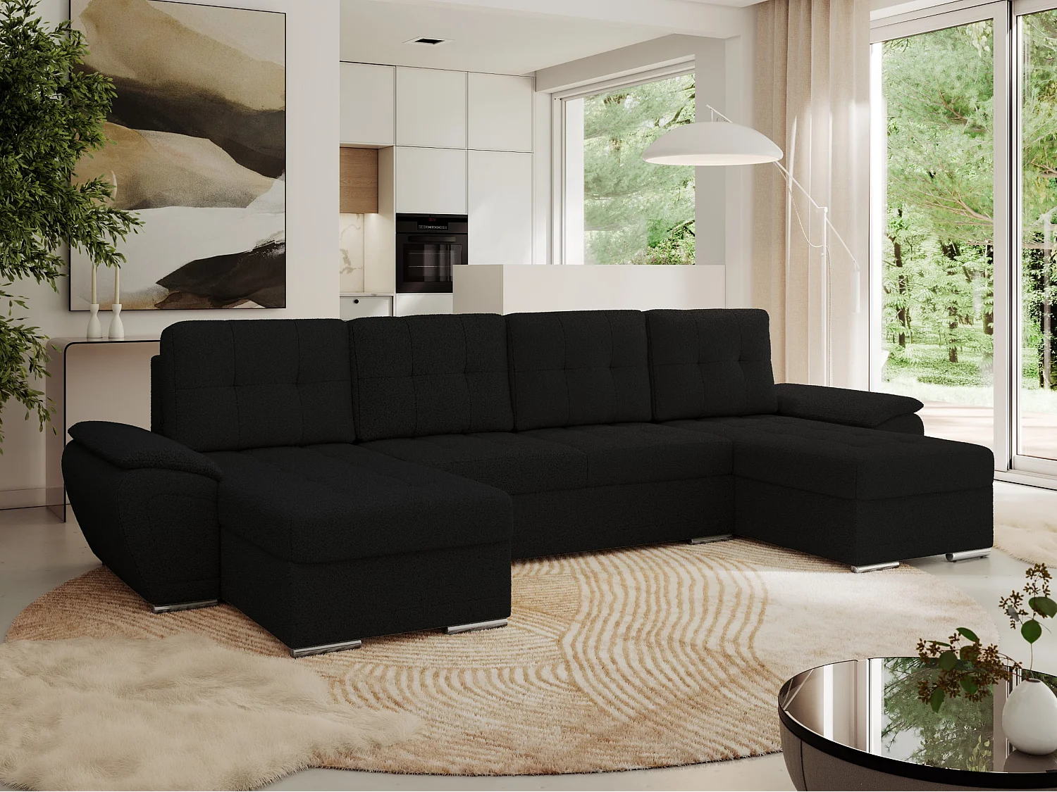 Ecksofa UMBRIA U - XXL Wohnlandschaft, mit Schlaffunktion und Bettkasten, genähte Ecke - Schwarz Boucle