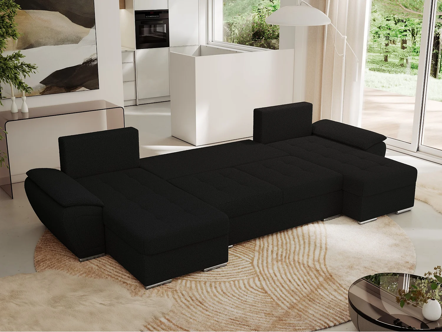 Ecksofa UMBRIA U - XXL Wohnlandschaft, mit Schlaffunktion und Bettkasten, genähte Ecke - Schwarz Boucle