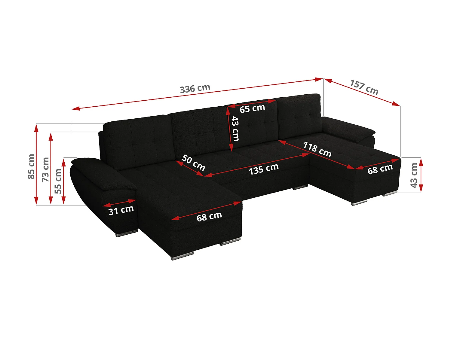 Ecksofa UMBRIA U - XXL Wohnlandschaft, mit Schlaffunktion und Bettkasten, genähte Ecke - Schwarz Boucle