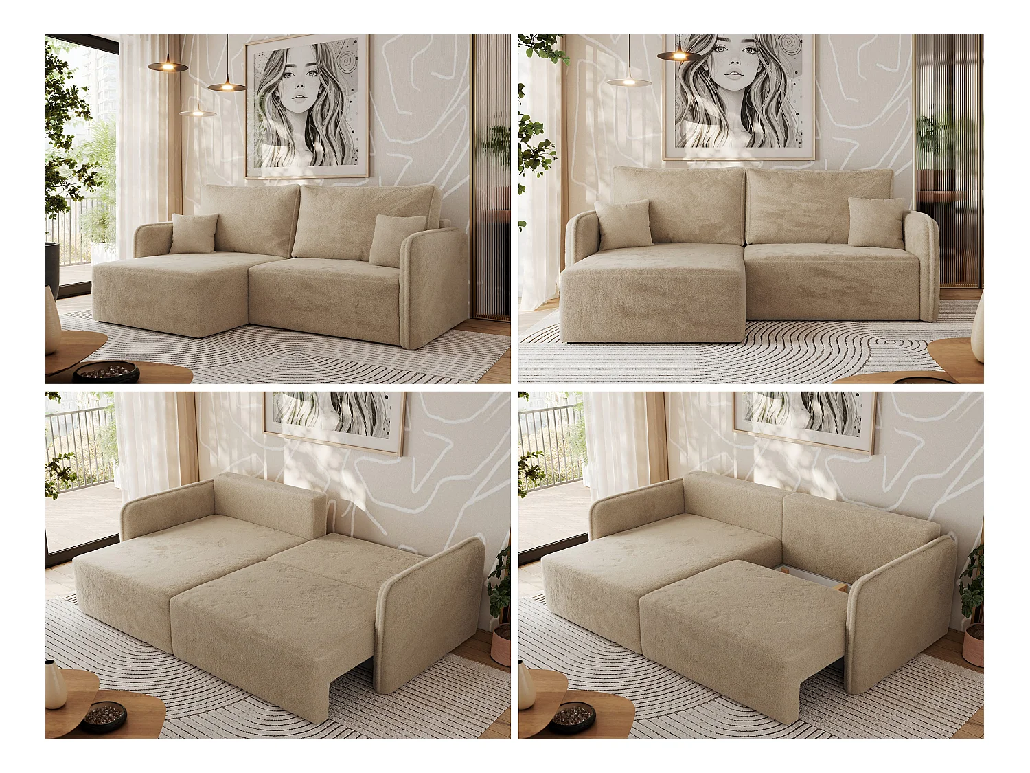 Ecksofa MESTO - Schlaffunktion und Bettkasten, L-form Couch für das Wohnzimmer, Armlehnen - Beige Plüsch - Ecke Links