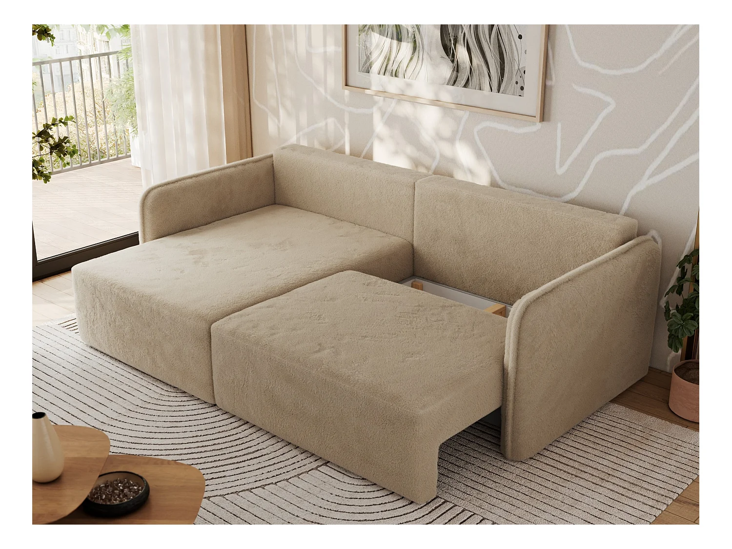 Ecksofa MESTO - Schlaffunktion und Bettkasten, L-form Couch für das Wohnzimmer, Armlehnen - Beige Plüsch - Ecke Links
