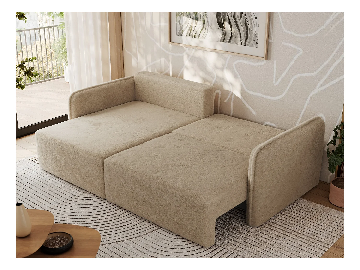 Ecksofa MESTO - Schlaffunktion und Bettkasten, L-form Couch für das Wohnzimmer, Armlehnen - Beige Plüsch - Ecke Links