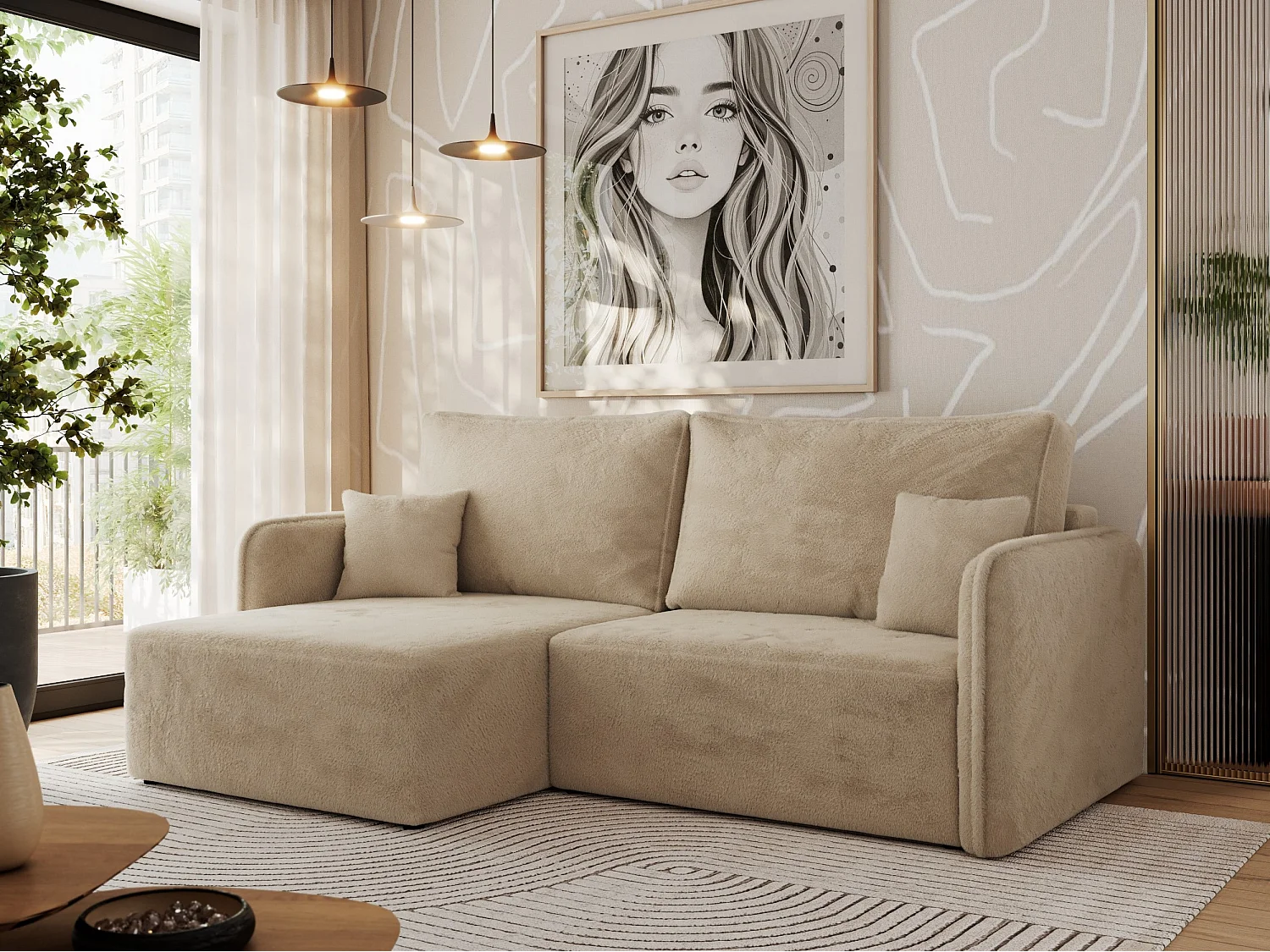 Ecksofa MESTO - Schlaffunktion und Bettkasten, L-form Couch für das Wohnzimmer, Armlehnen - Beige Plüsch - Ecke Links