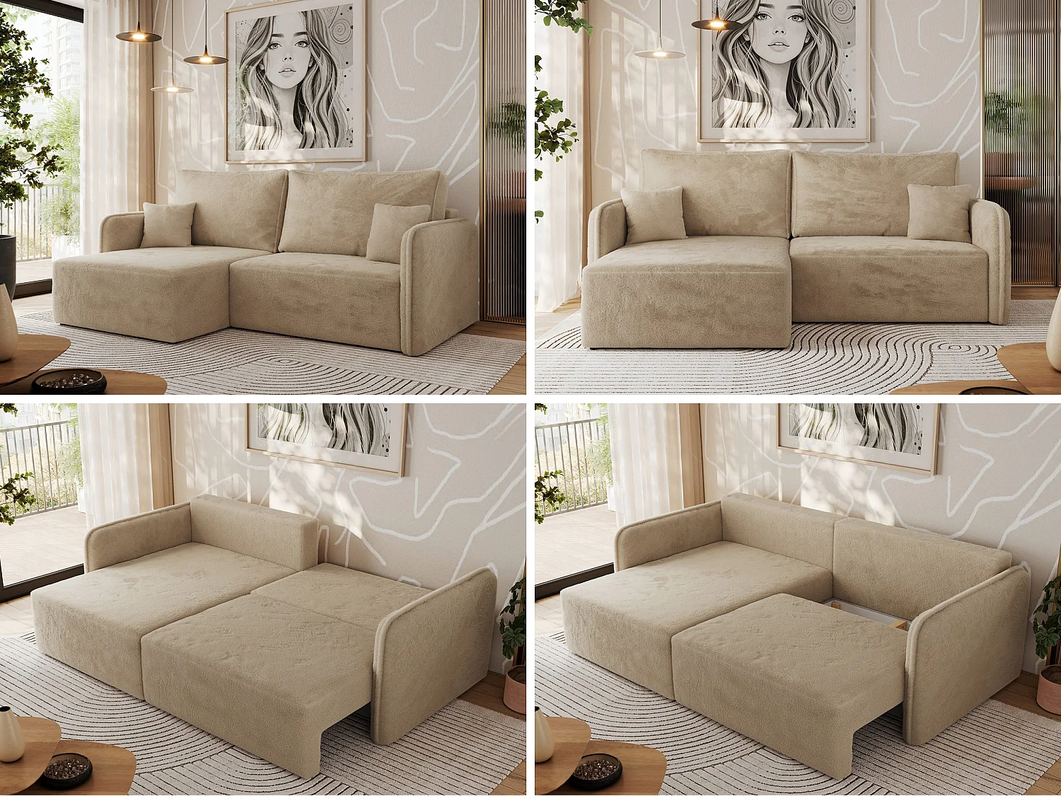 Ecksofa MESTO - Schlaffunktion und Bettkasten, L-form Couch für das Wohnzimmer, Armlehnen - Beige Plüsch - Ecke Links