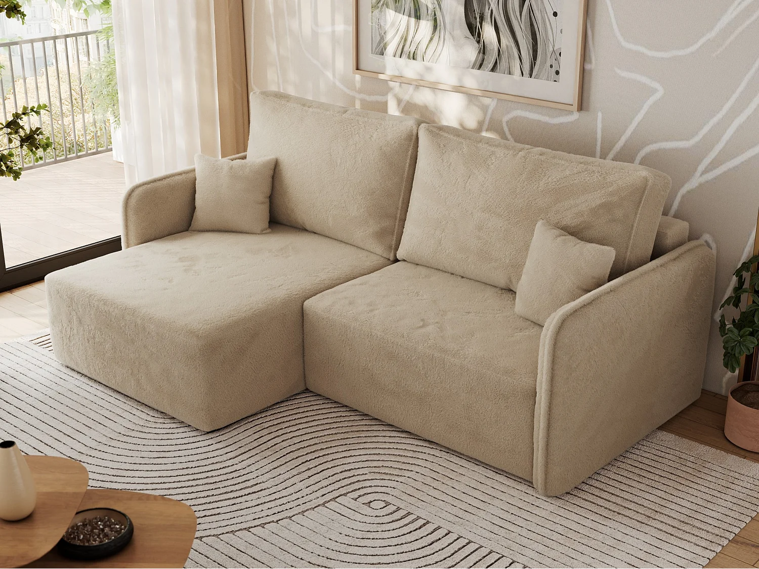 Ecksofa MESTO - Schlaffunktion und Bettkasten, L-form Couch für das Wohnzimmer, Armlehnen - Beige Plüsch - Ecke Links