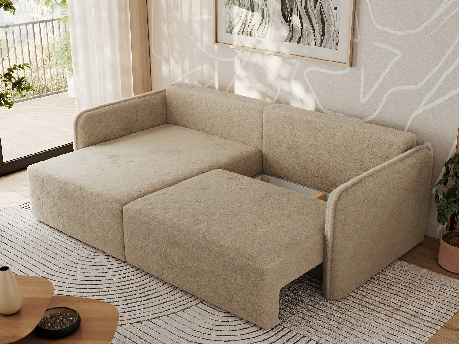 Ecksofa MESTO - Schlaffunktion und Bettkasten, L-form Couch für das Wohnzimmer, Armlehnen - Beige Plüsch - Ecke Links