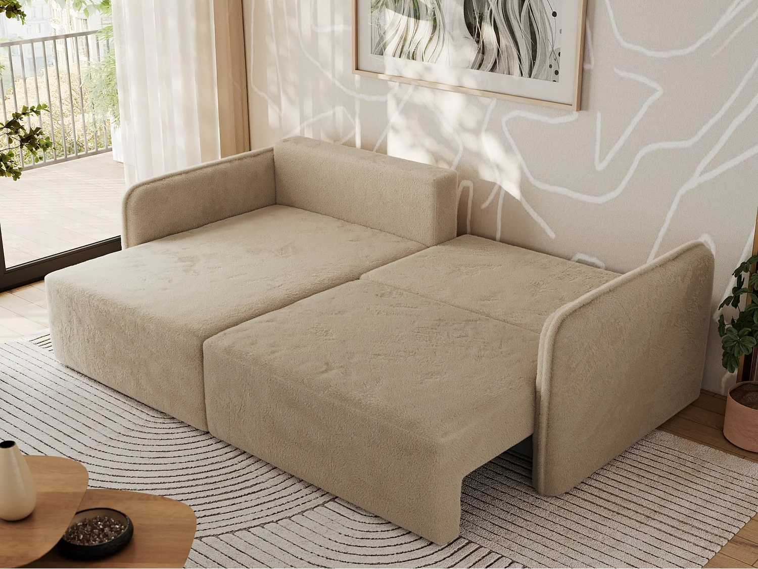 Ecksofa MESTO - Schlaffunktion und Bettkasten, L-form Couch für das Wohnzimmer, Armlehnen - Beige Plüsch - Ecke Links
