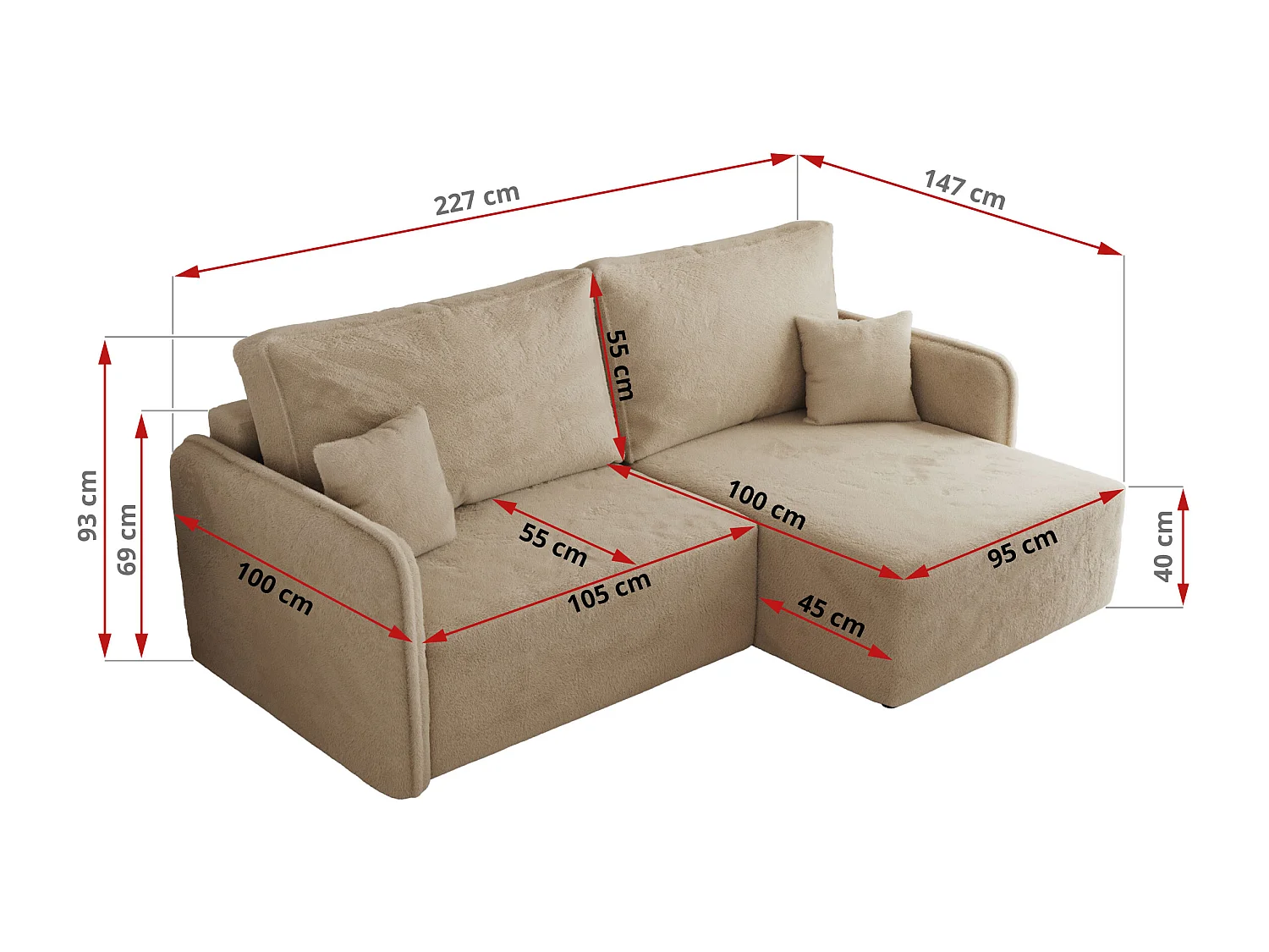 Ecksofa MESTO - Schlaffunktion und Bettkasten, L-form Couch für das Wohnzimmer, Armlehnen - Beige Plüsch - Ecke Links