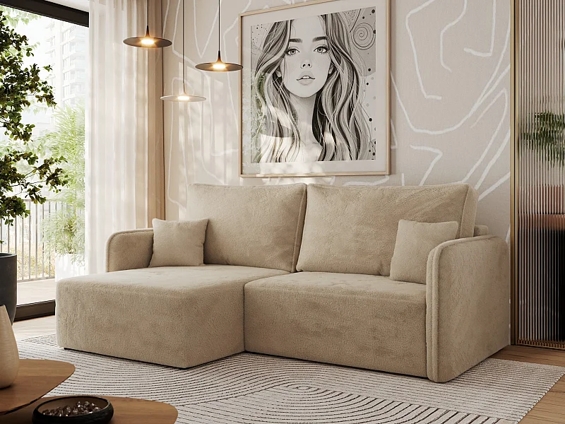 Ecksofa MESTO - Schlaffunktion und Bettkasten, L-form Couch für das Wohnzimmer, Armlehnen - Beige Plüsch - Ecke Links