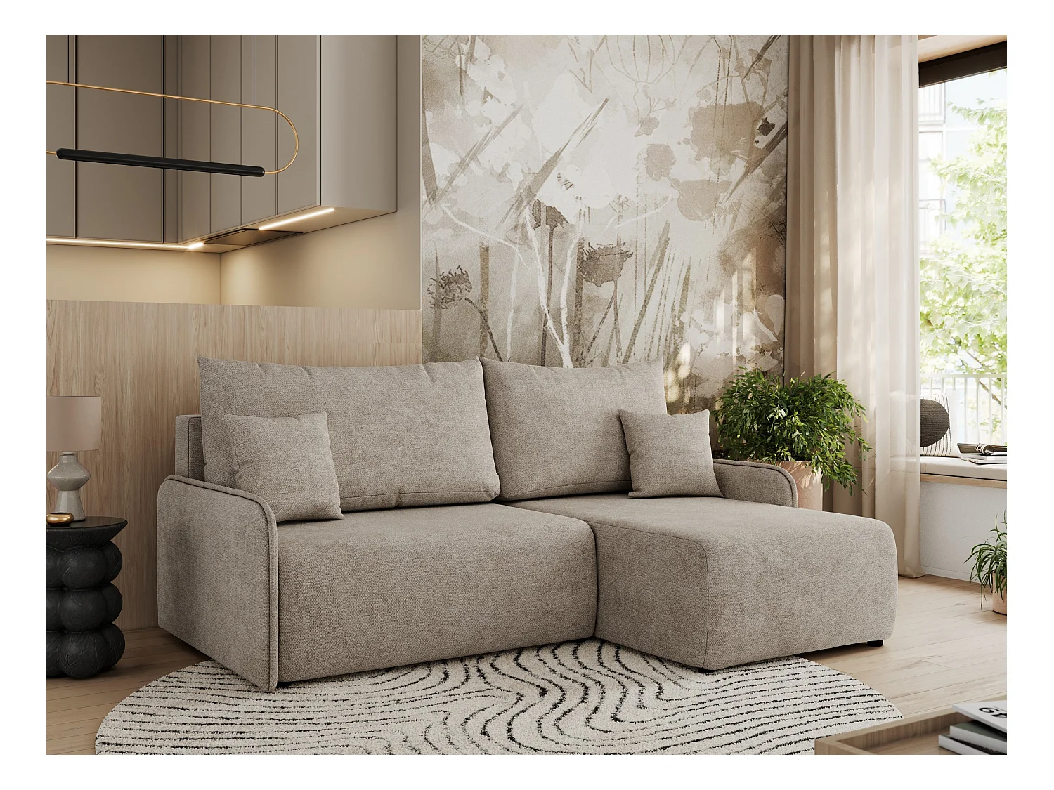 Ecksofa ARPA - L-form Schlaffsofa, Bettkasten und lose Kissen, Armlehnen - Beige Struktur - Ecke Rechts