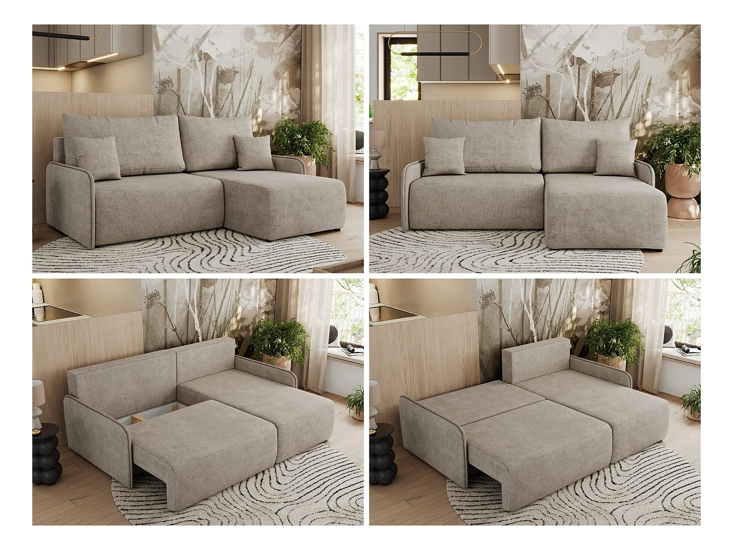 Ecksofa ARPA - L-form Schlaffsofa, Bettkasten und lose Kissen, Armlehnen - Beige Struktur - Ecke Rechts