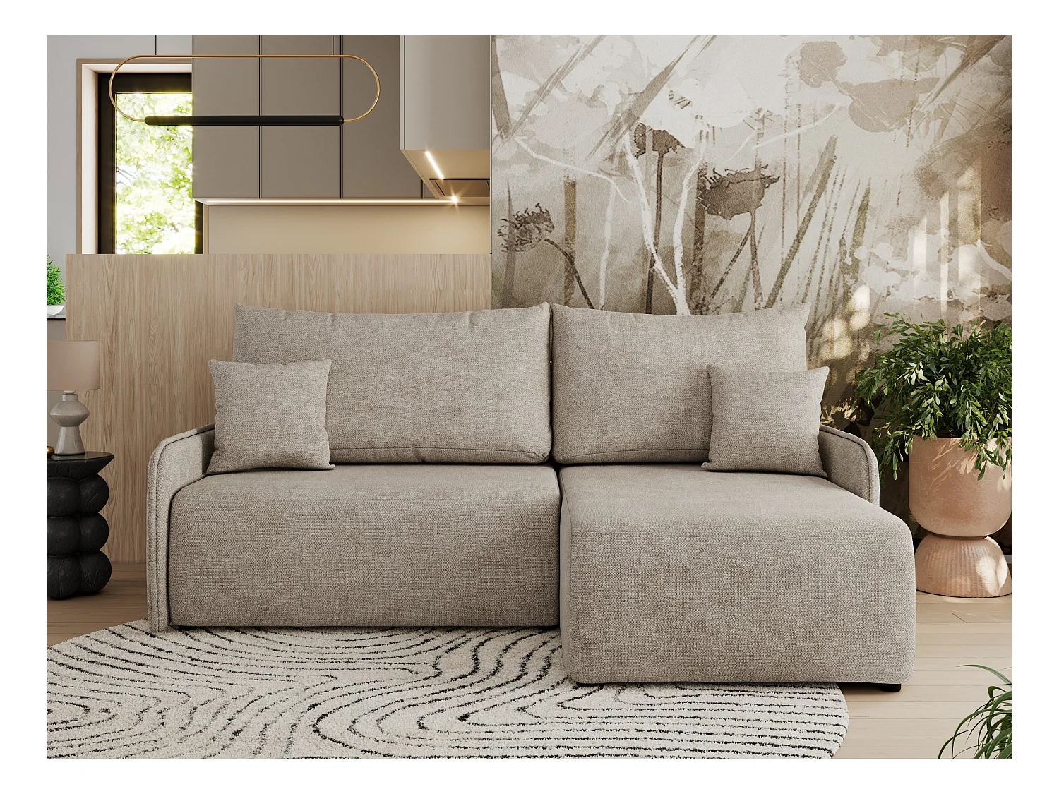 Ecksofa ARPA - L-form Schlaffsofa, Bettkasten und lose Kissen, Armlehnen - Beige Struktur - Ecke Rechts