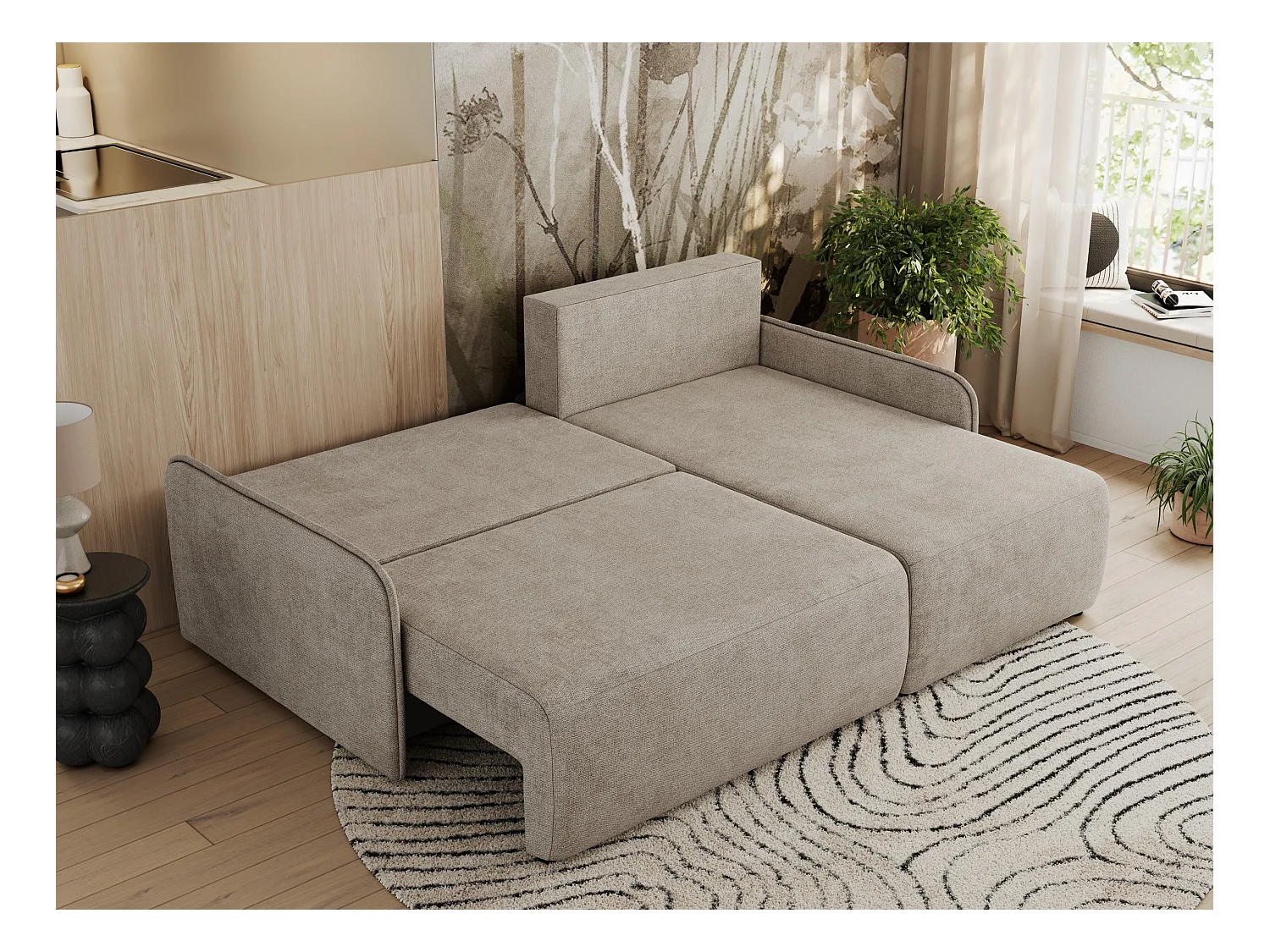 Ecksofa ARPA - L-form Schlaffsofa, Bettkasten und lose Kissen, Armlehnen - Beige Struktur - Ecke Rechts