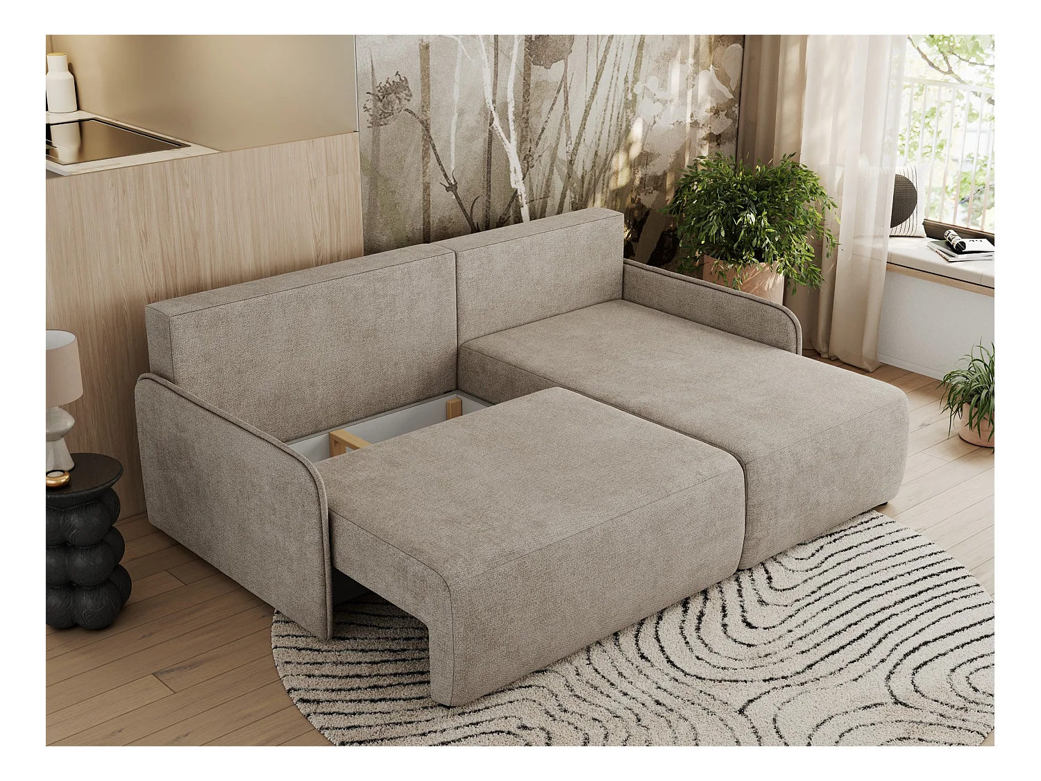 Ecksofa ARPA - L-form Schlaffsofa, Bettkasten und lose Kissen, Armlehnen - Beige Struktur - Ecke Rechts