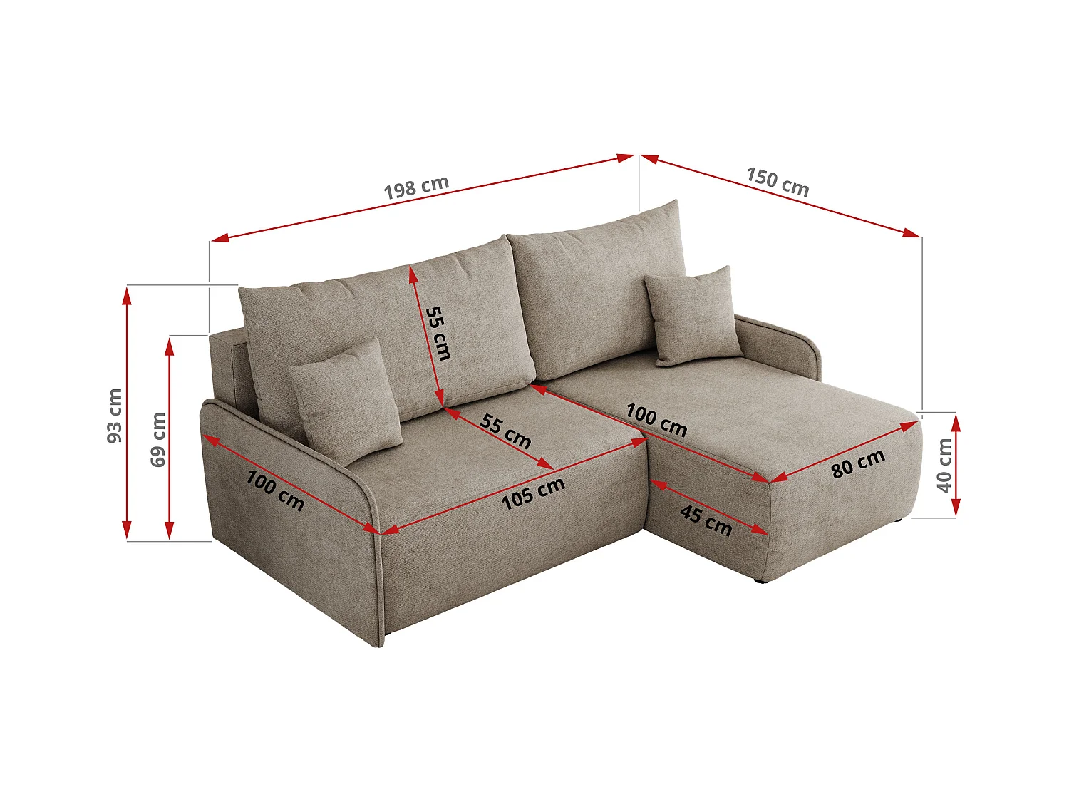 Ecksofa ARPA - L-form Schlaffsofa, Bettkasten und lose Kissen, Armlehnen - Beige Struktur - Ecke Rechts