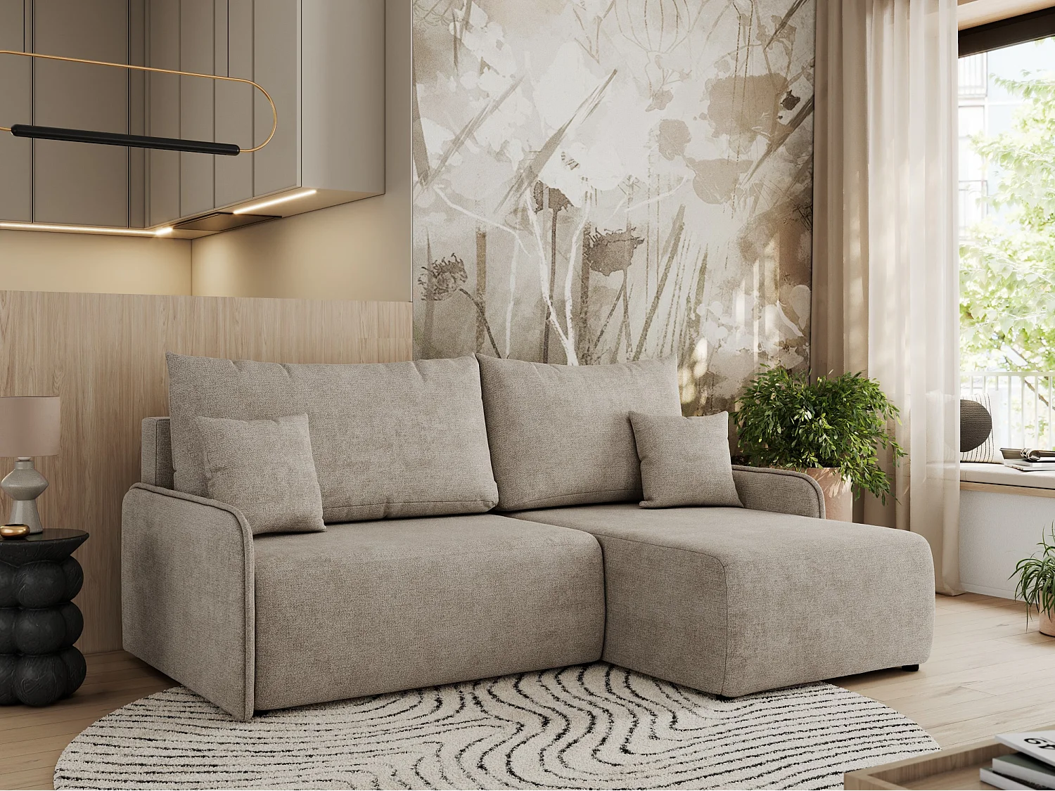 Ecksofa ARPA - L-form Schlaffsofa, Bettkasten und lose Kissen, Armlehnen - Beige Struktur - Ecke Rechts