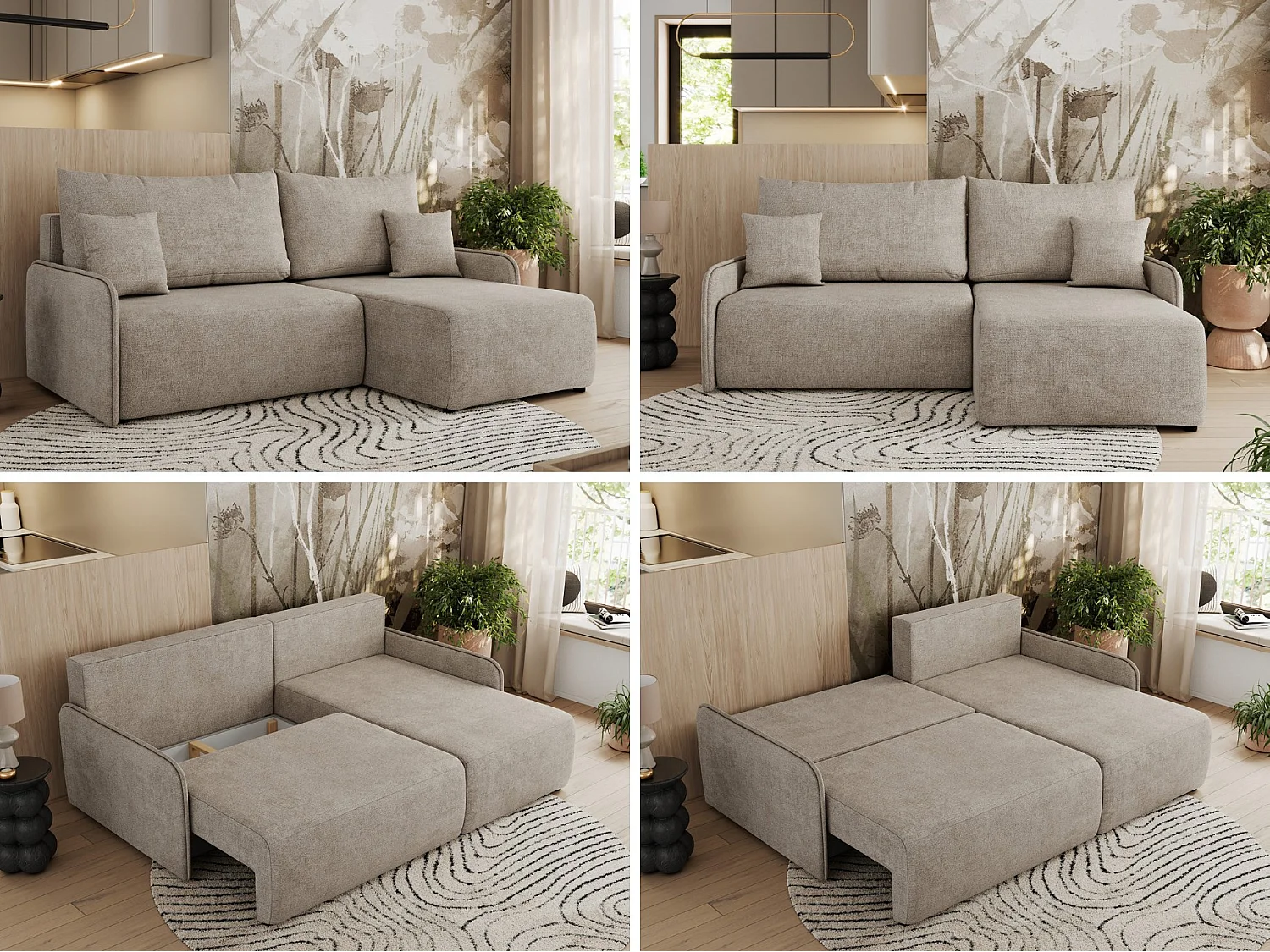 Ecksofa ARPA - L-form Schlaffsofa, Bettkasten und lose Kissen, Armlehnen - Beige Struktur - Ecke Rechts