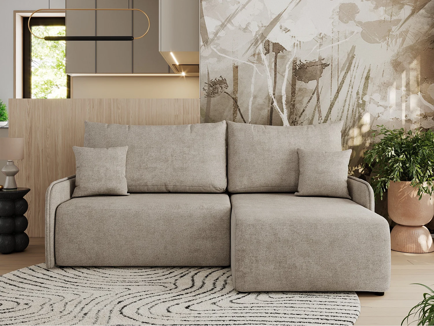 Ecksofa ARPA - L-form Schlaffsofa, Bettkasten und lose Kissen, Armlehnen - Beige Struktur - Ecke Rechts