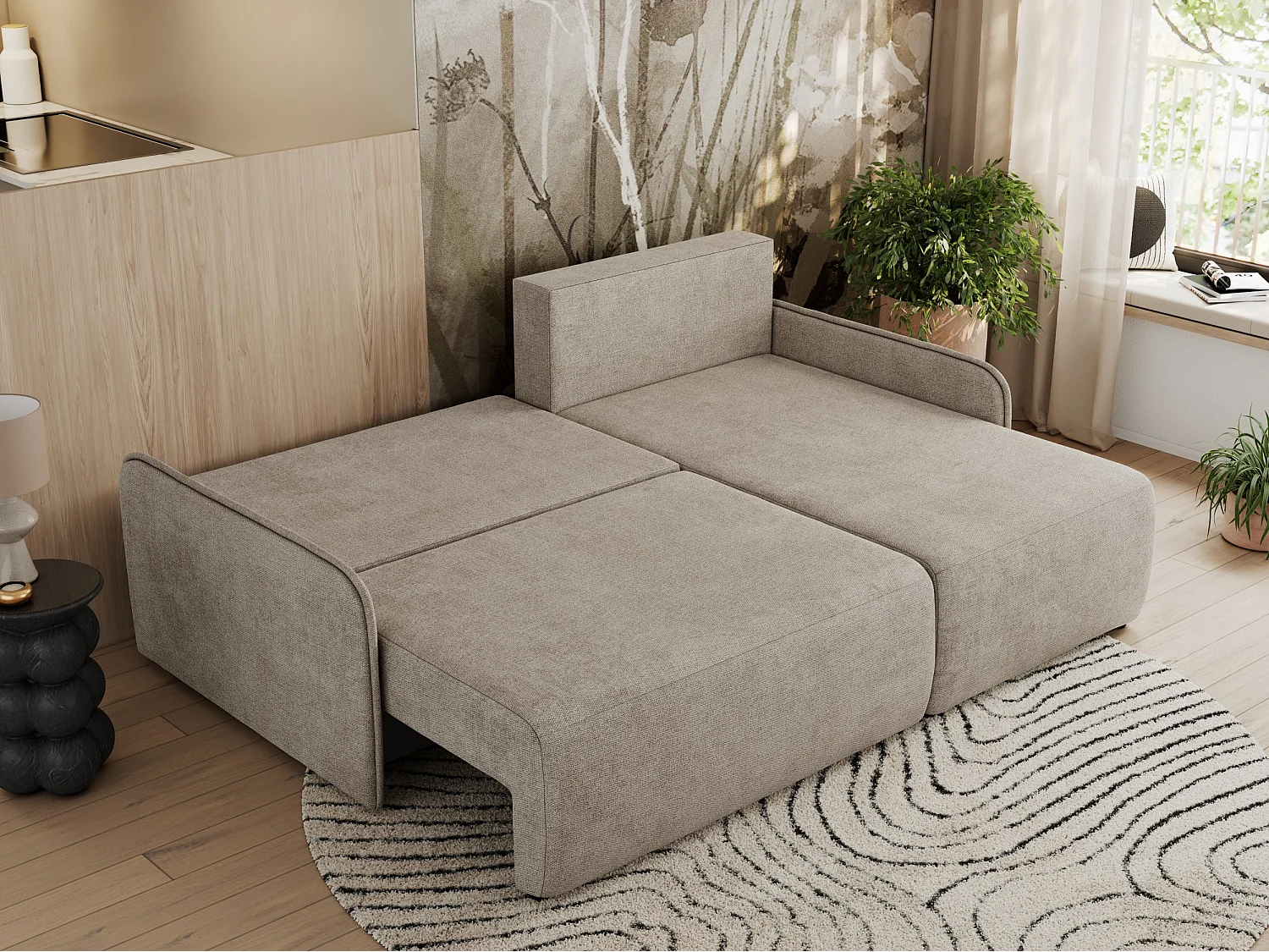 Ecksofa ARPA - L-form Schlaffsofa, Bettkasten und lose Kissen, Armlehnen - Beige Struktur - Ecke Rechts