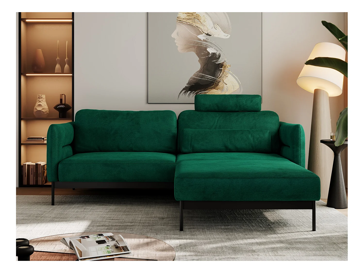 Ecksofa SALENTO - mit Metallbeine, Schlafsofa, mobilen Fußhocker, lose Kissen - Dunkelgrün Velvet