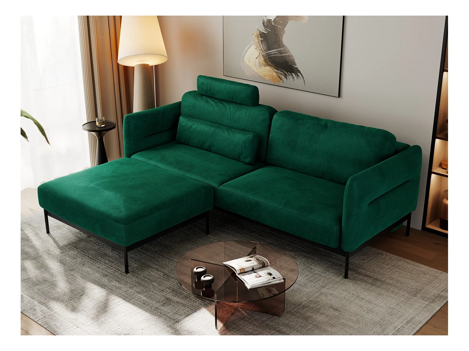 Ecksofa SALENTO - mit Metallbeine, Schlafsofa, mobilen Fußhocker, lose Kissen - Dunkelgrün Velvet