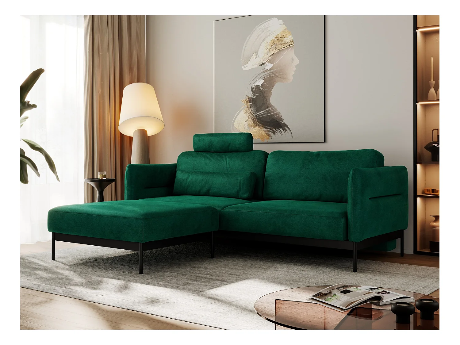 Ecksofa SALENTO - mit Metallbeine, Schlafsofa, mobilen Fußhocker, lose Kissen - Dunkelgrün Velvet