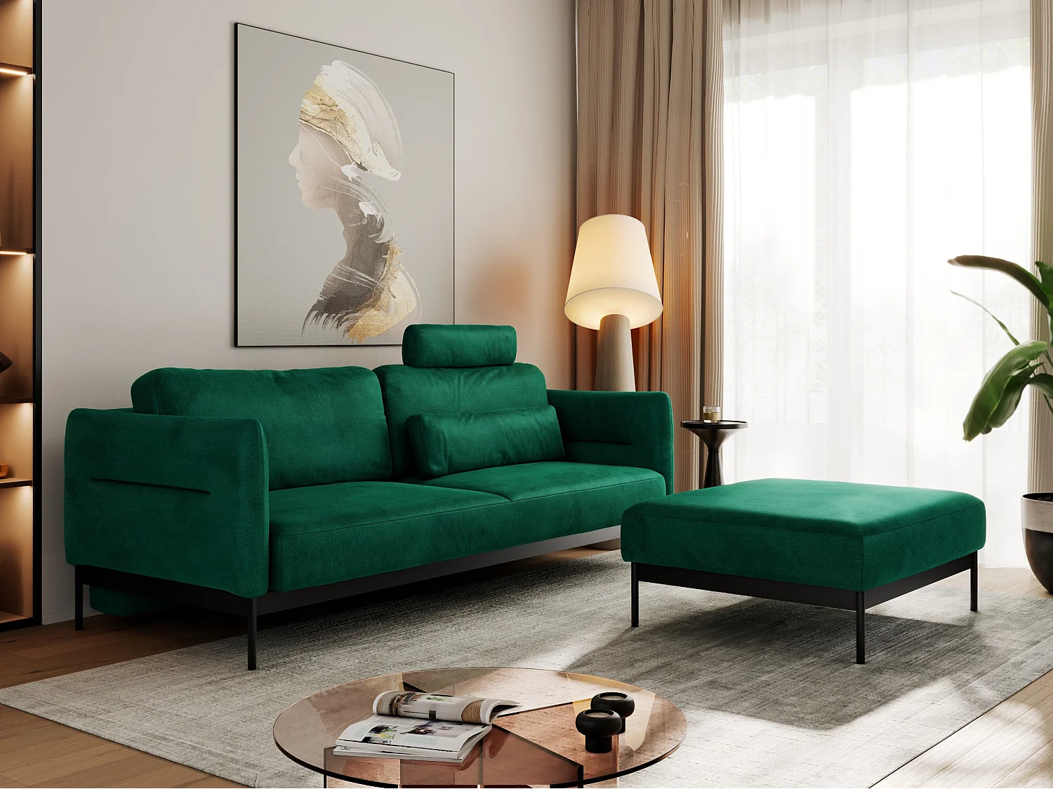 Ecksofa SALENTO - mit Metallbeine, Schlafsofa, mobilen Fußhocker, lose Kissen - Dunkelgrün Velvet