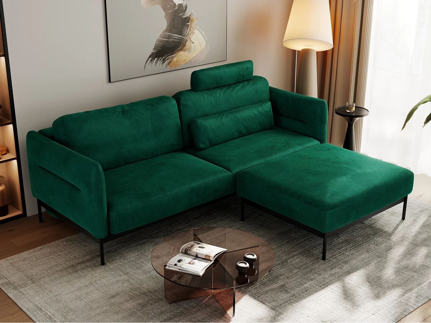 Ecksofa SALENTO - mit Metallbeine, Schlafsofa, mobilen Fußhocker, lose Kissen - Dunkelgrün Velvet