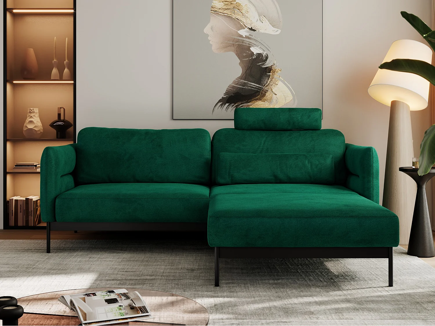 Ecksofa SALENTO - mit Metallbeine, Schlafsofa, mobilen Fußhocker, lose Kissen - Dunkelgrün Velvet