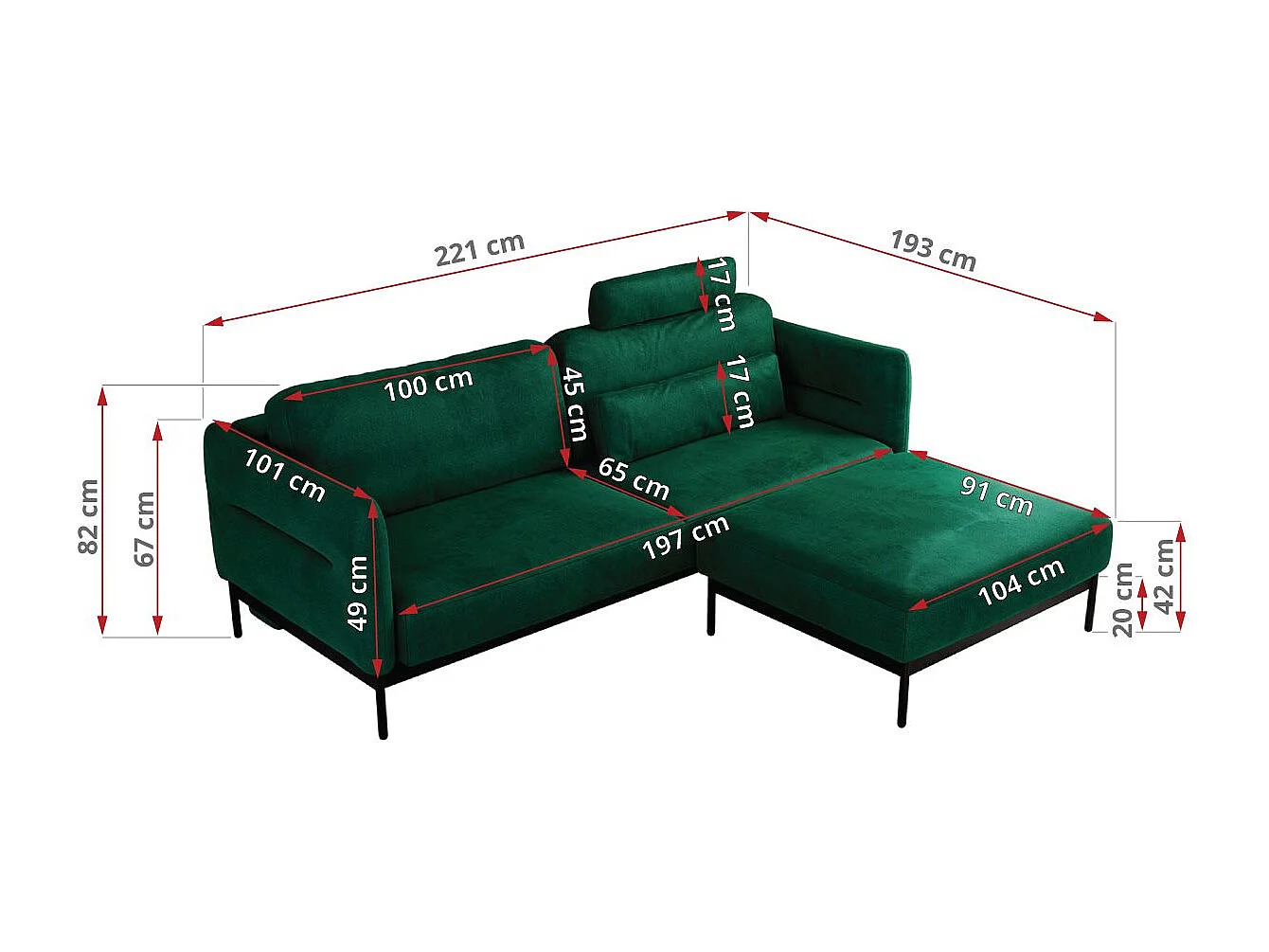 Ecksofa SALENTO - mit Metallbeine, Schlafsofa, mobilen Fußhocker, lose Kissen - Dunkelgrün Velvet